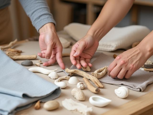 Mains sélectionnant des échantillons de tissus rares et des matériaux naturels